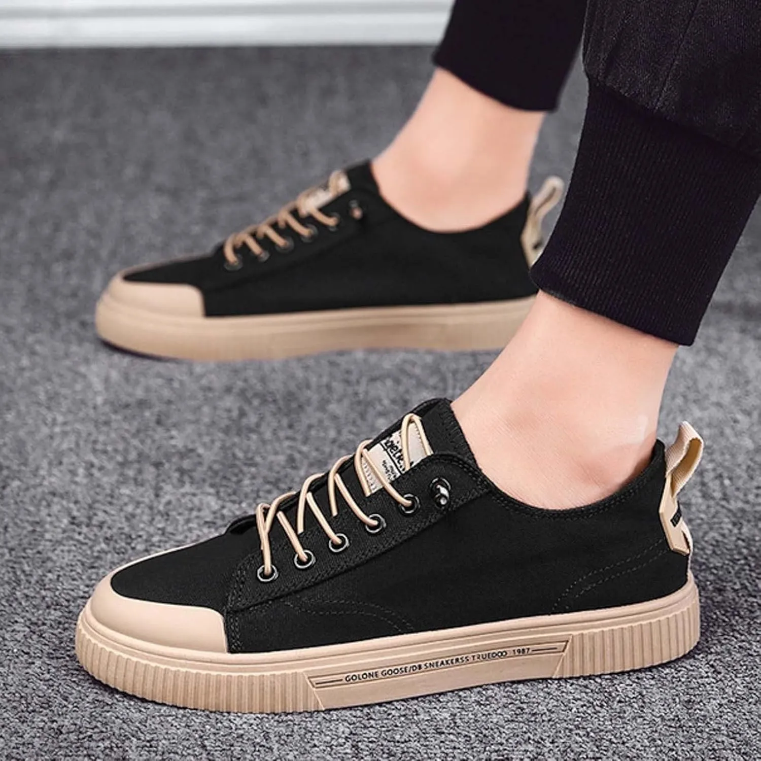 Men's Breathable Canvas Shoes Lace Up Walking Shoes Soft Flat Slip on Casual Comfortable Lightweight Dress