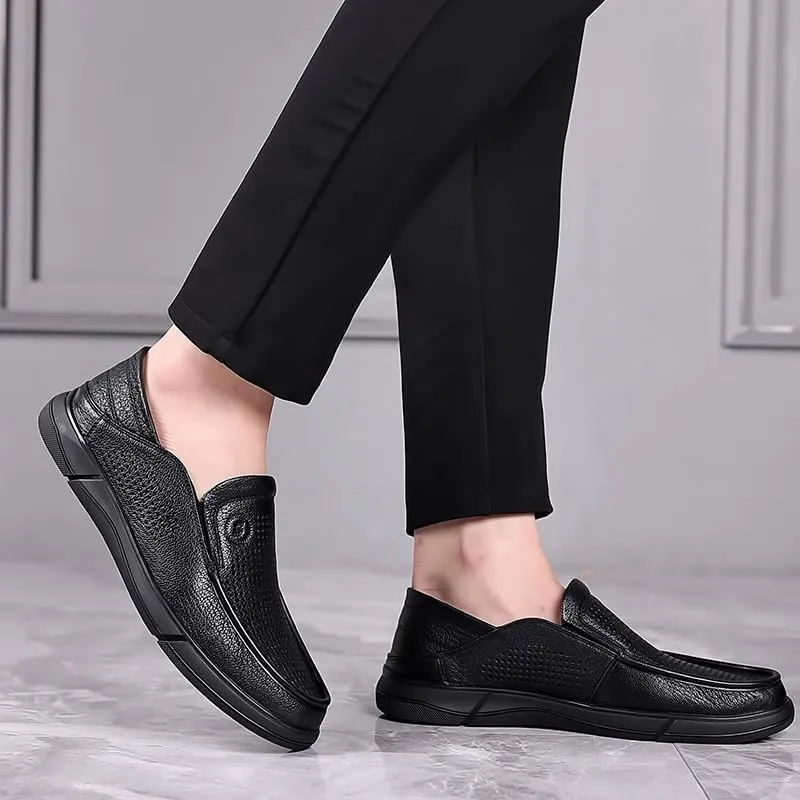 Mens Breathable Leather Loafers Lightweight Comfortable Round Toe Slip On Casual Moccasin Driving Shoes Stylish Versatile Classic Flats