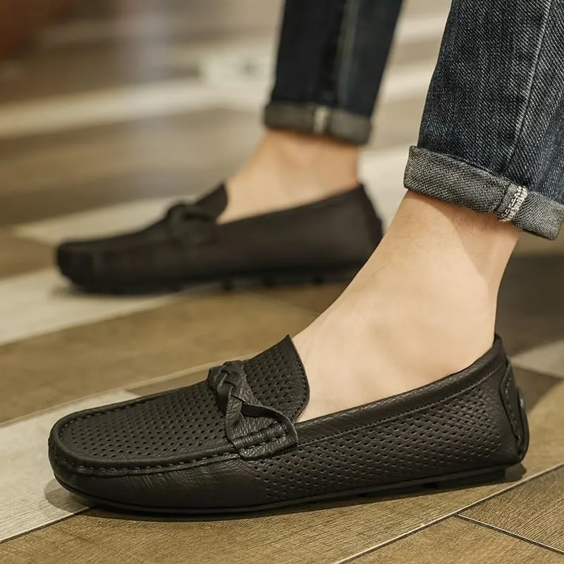 Men's Faux Leather Loafers - Breathable Perforated Driving Shoes, Square Toe Lightweight Flexible Slip-Ons for Wedding, Walking, Casual Wear