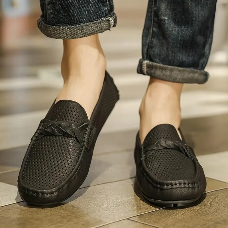 Men's Faux Leather Loafers - Breathable Perforated Driving Shoes, Square Toe Lightweight Flexible Slip-Ons for Wedding, Walking, Casual Wear
