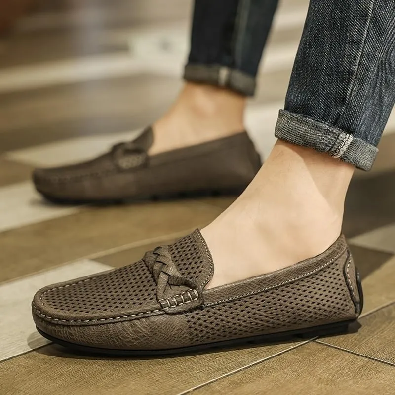 Men's Faux Leather Loafers - Breathable Perforated Driving Shoes, Square Toe Lightweight Flexible Slip-Ons for Wedding, Walking, Casual Wear