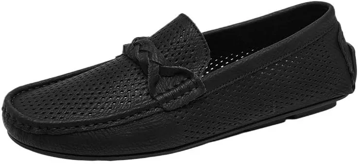 Men's Faux Leather Loafers - Breathable Perforated Driving Shoes, Square Toe Lightweight Flexible Slip-Ons for Wedding, Walking, Casual Wear