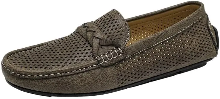 Men's Faux Leather Loafers - Breathable Perforated Driving Shoes, Square Toe Lightweight Flexible Slip-Ons for Wedding, Walking, Casual Wear