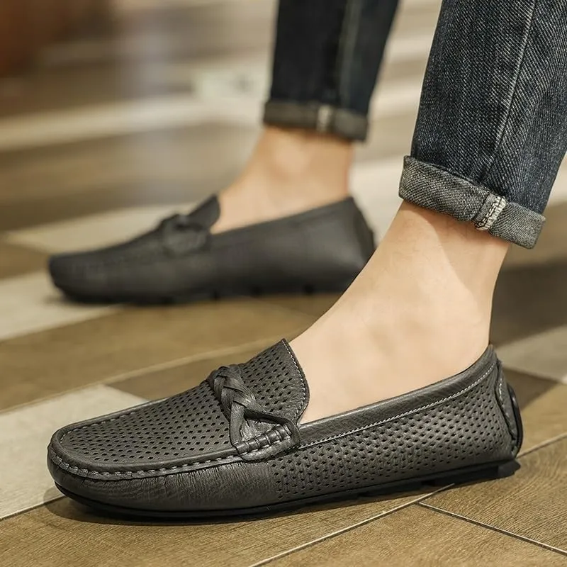 Men's Faux Leather Loafers - Breathable Perforated Driving Shoes, Square Toe Lightweight Flexible Slip-Ons for Wedding, Walking, Casual Wear