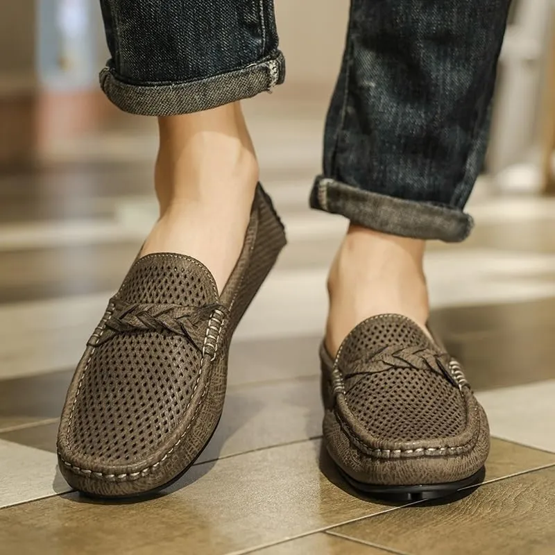 Men's Faux Leather Loafers - Breathable Perforated Driving Shoes, Square Toe Lightweight Flexible Slip-Ons for Wedding, Walking, Casual Wear