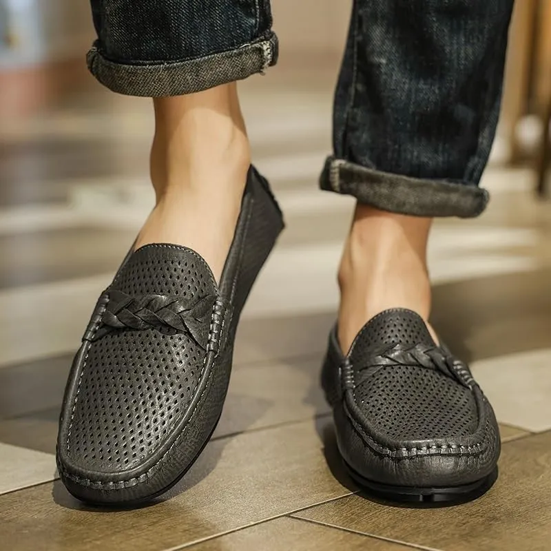Men's Faux Leather Loafers - Breathable Perforated Driving Shoes, Square Toe Lightweight Flexible Slip-Ons for Wedding, Walking, Casual Wear