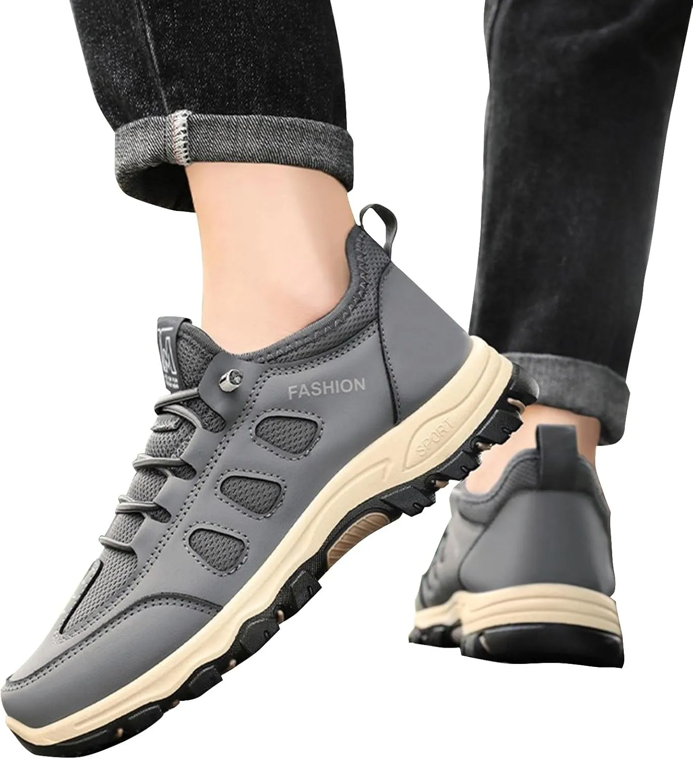 Men's Hiking Waterproof Casual Breathable Mesh Leather Outdoor Lightweight Comfortable Non Slip Walking Work Mountaineering Shoes with Adjustable Lace Arch Support