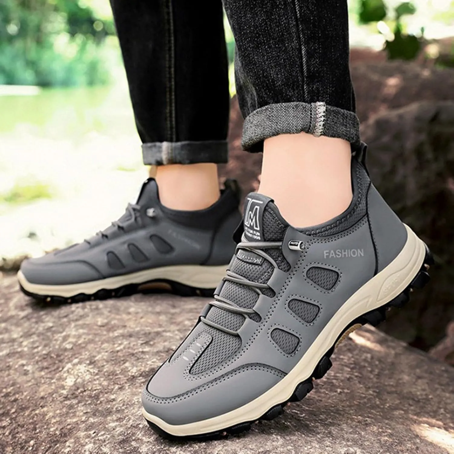 Men's Hiking Waterproof Casual Breathable Mesh Leather Outdoor Lightweight Comfortable Non Slip Walking Work Mountaineering Shoes with Adjustable Lace Arch Support