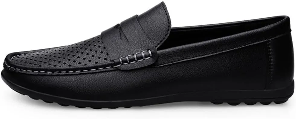 Men's Hollow Loafers Breathable Slip-On Simple Vegan Leather Resistant Flexible Flat Heel Prom Casual Driving Shoes