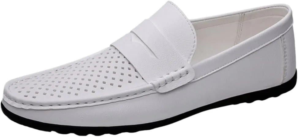 Men's Hollow Loafers Breathable Slip-On Simple Vegan Leather Resistant Flexible Flat Heel Prom Casual Driving Shoes