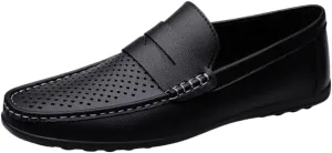 Men's Hollow Loafers Breathable Slip-On Simple Vegan Leather Resistant Flexible Flat Heel Prom Casual Driving Shoes