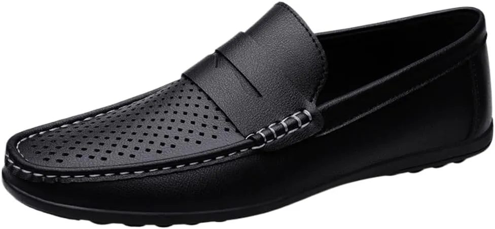 Men's Hollow Loafers Breathable Slip-On Simple Vegan Leather Resistant Flexible Flat Heel Prom Casual Driving Shoes