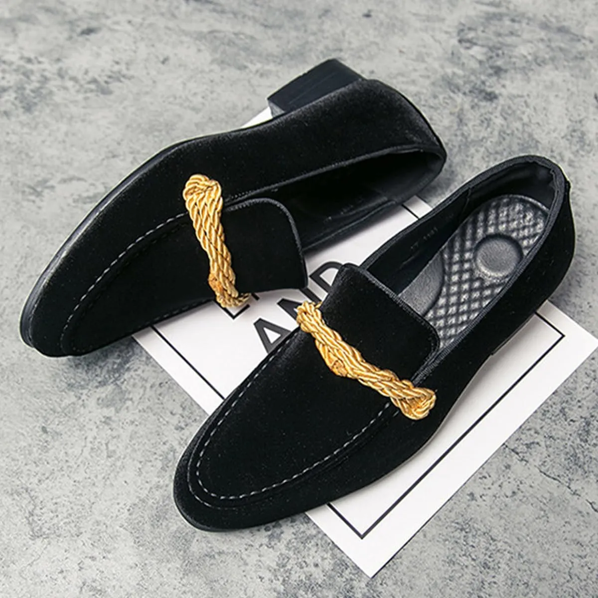 Men's Luxury Velvet Penny Loafers Brown Slip-On Suede Finish with Vamp Braided Ornament Dress Shoes Style