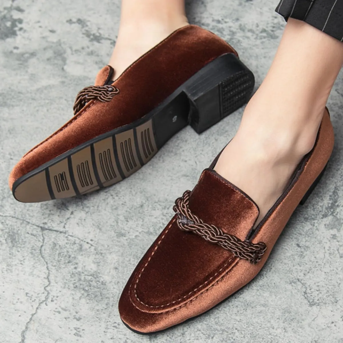 Men's Luxury Velvet Penny Loafers Brown Slip-On Suede Finish with Vamp Braided Ornament Dress Shoes Style