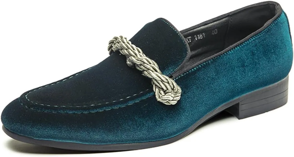 Men's Luxury Velvet Penny Loafers Brown Slip-On Suede Finish with Vamp Braided Ornament Dress Shoes Style