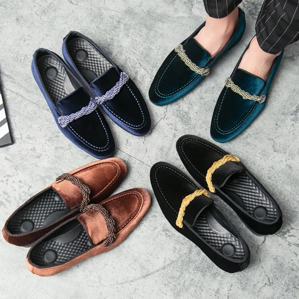 Men's Luxury Velvet Penny Loafers Brown Slip-On Suede Finish with Vamp Braided Ornament Dress Shoes Style