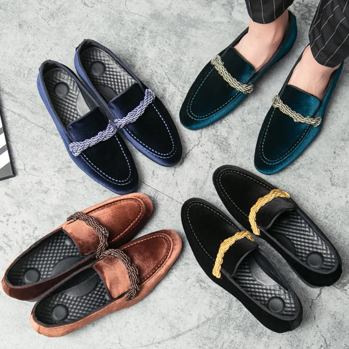 Men's Luxury Velvet Penny Loafers Brown Slip-On Suede Finish with Vamp Braided Ornament Dress Shoes Style