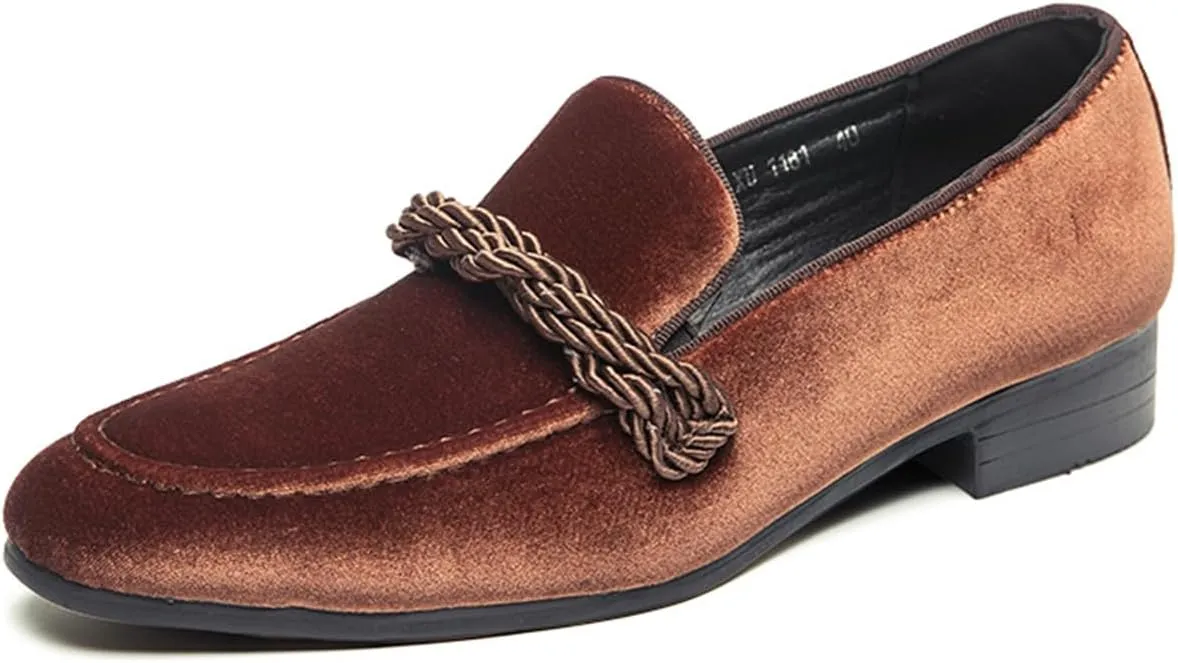 Men's Luxury Velvet Penny Loafers Brown Slip-On Suede Finish with Vamp Braided Ornament Dress Shoes Style