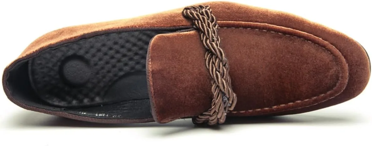 Men's Luxury Velvet Penny Loafers Brown Slip-On Suede Finish with Vamp Braided Ornament Dress Shoes Style
