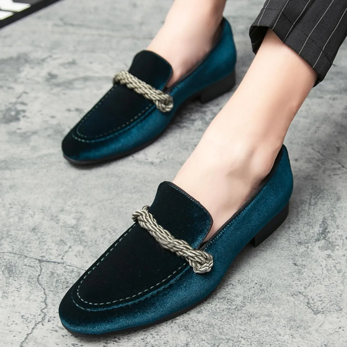 Men's Luxury Velvet Penny Loafers Brown Slip-On Suede Finish with Vamp Braided Ornament Dress Shoes Style