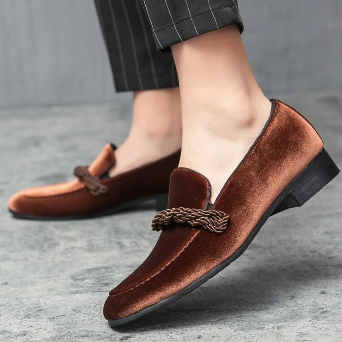 Men's Luxury Velvet Penny Loafers Brown Slip-On Suede Finish with Vamp Braided Ornament Dress Shoes Style