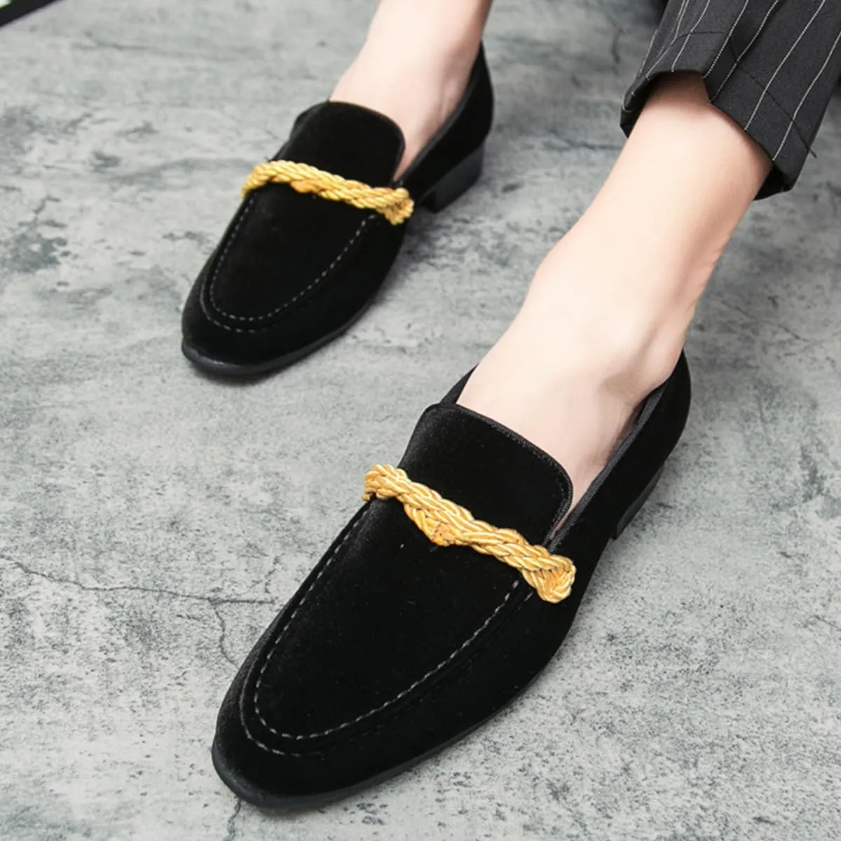 Men's Luxury Velvet Penny Loafers Brown Slip-On Suede Finish with Vamp Braided Ornament Dress Shoes Style