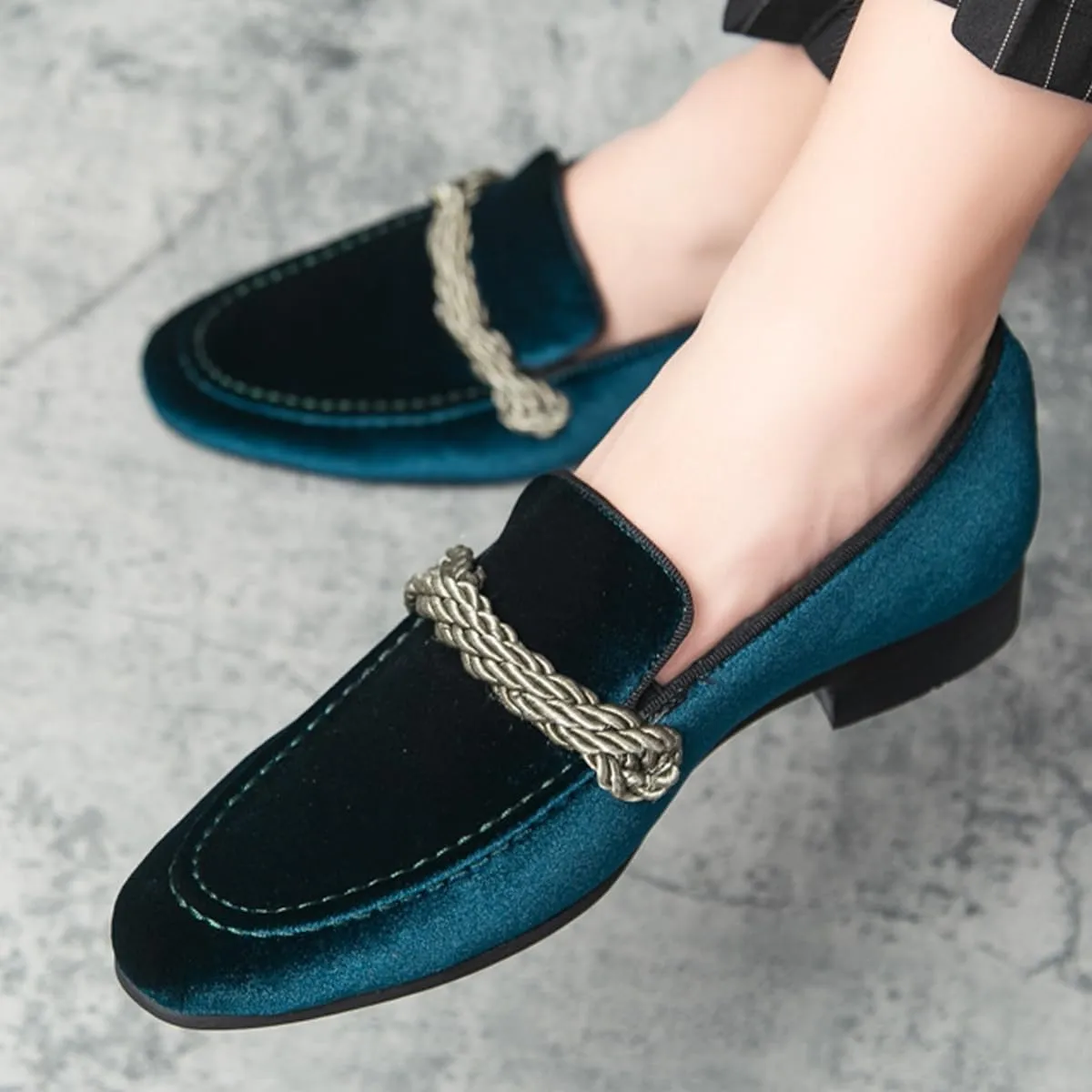 Men's Luxury Velvet Penny Loafers Brown Slip-On Suede Finish with Vamp Braided Ornament Dress Shoes Style