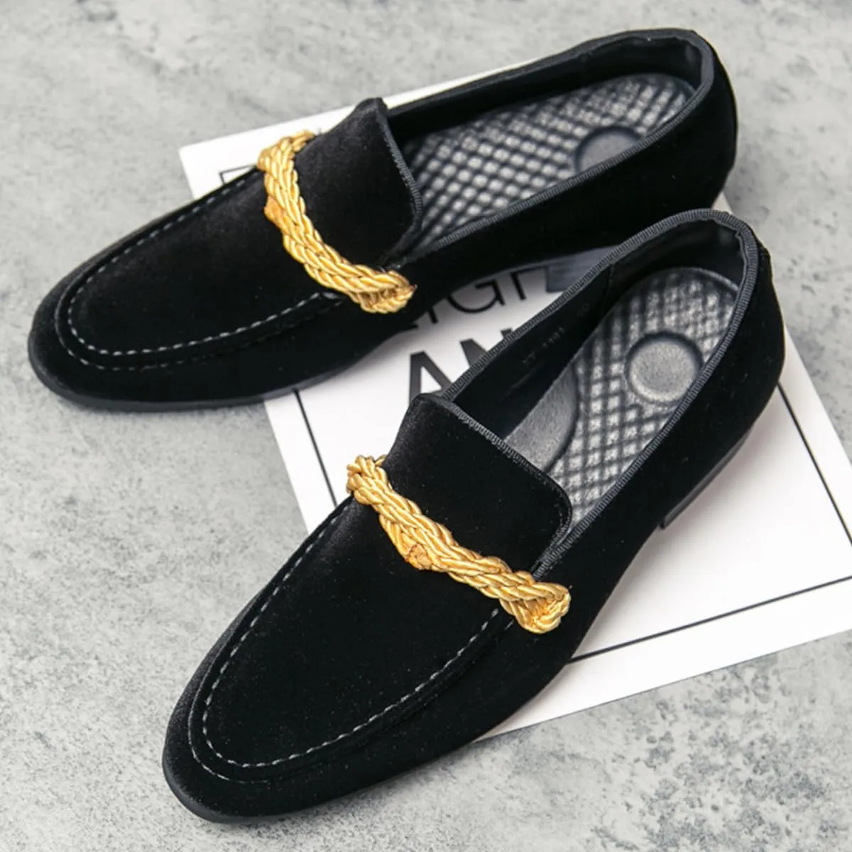 Men's Luxury Velvet Penny Loafers Brown Slip-On Suede Finish with Vamp Braided Ornament Dress Shoes Style