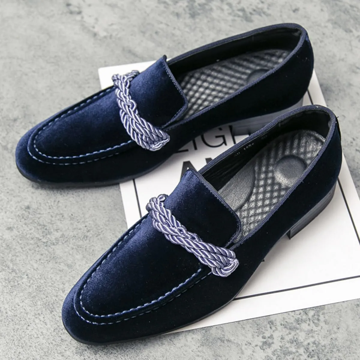 Men's Luxury Velvet Penny Loafers Brown Slip-On Suede Finish with Vamp Braided Ornament Dress Shoes Style