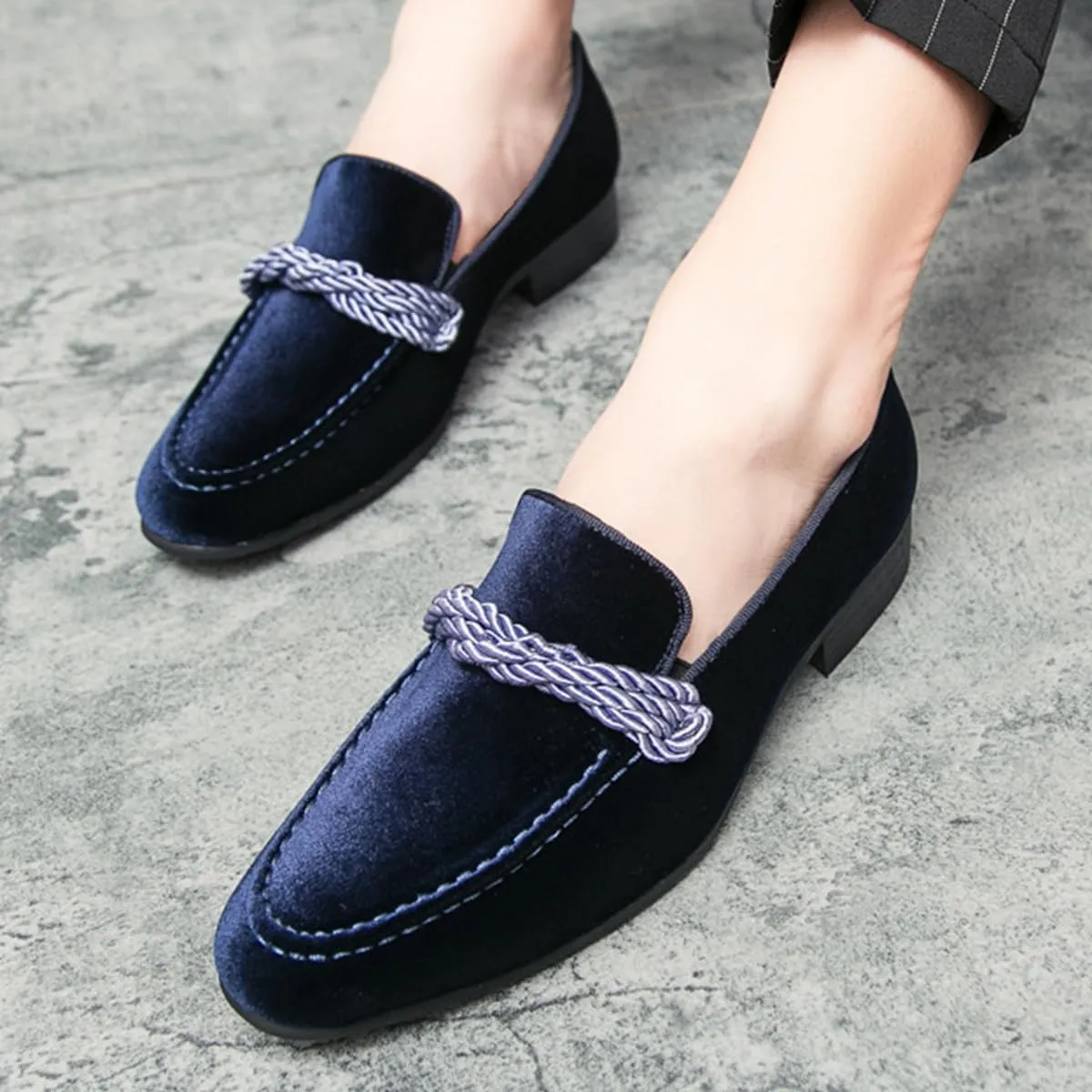 Men's Luxury Velvet Penny Loafers Brown Slip-On Suede Finish with Vamp Braided Ornament Dress Shoes Style
