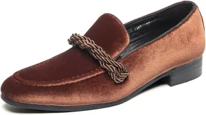 Men's Luxury Velvet Penny Loafers Brown Slip-On Suede Finish with Vamp Braided Ornament Dress Shoes Style
