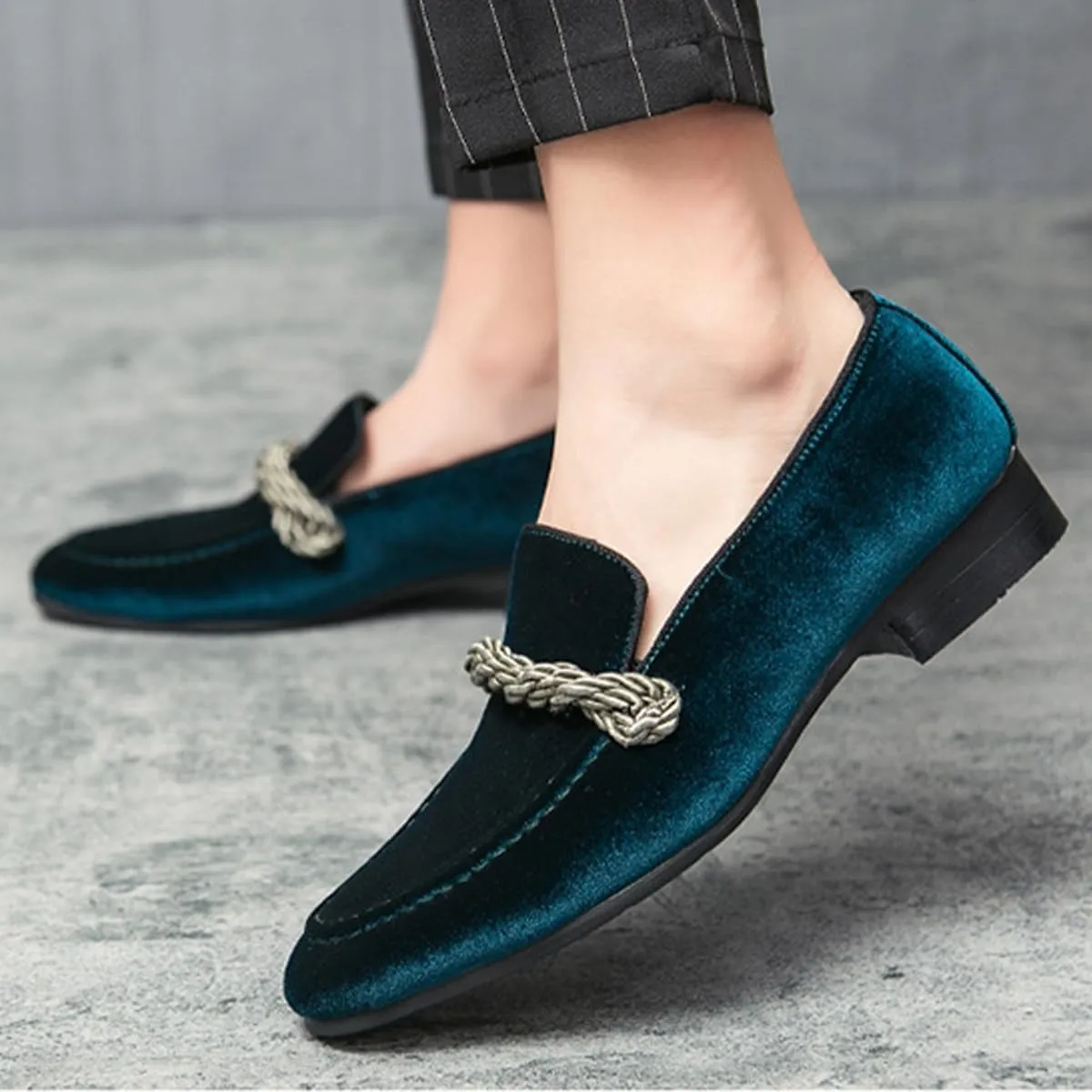 Men's Luxury Velvet Penny Loafers Brown Slip-On Suede Finish with Vamp Braided Ornament Dress Shoes Style