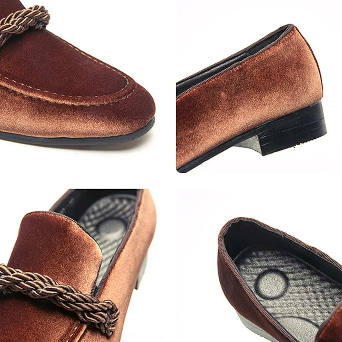 Men's Luxury Velvet Penny Loafers Brown Slip-On Suede Finish with Vamp Braided Ornament Dress Shoes Style