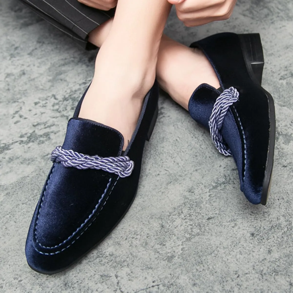 Men's Luxury Velvet Penny Loafers Brown Slip-On Suede Finish with Vamp Braided Ornament Dress Shoes Style