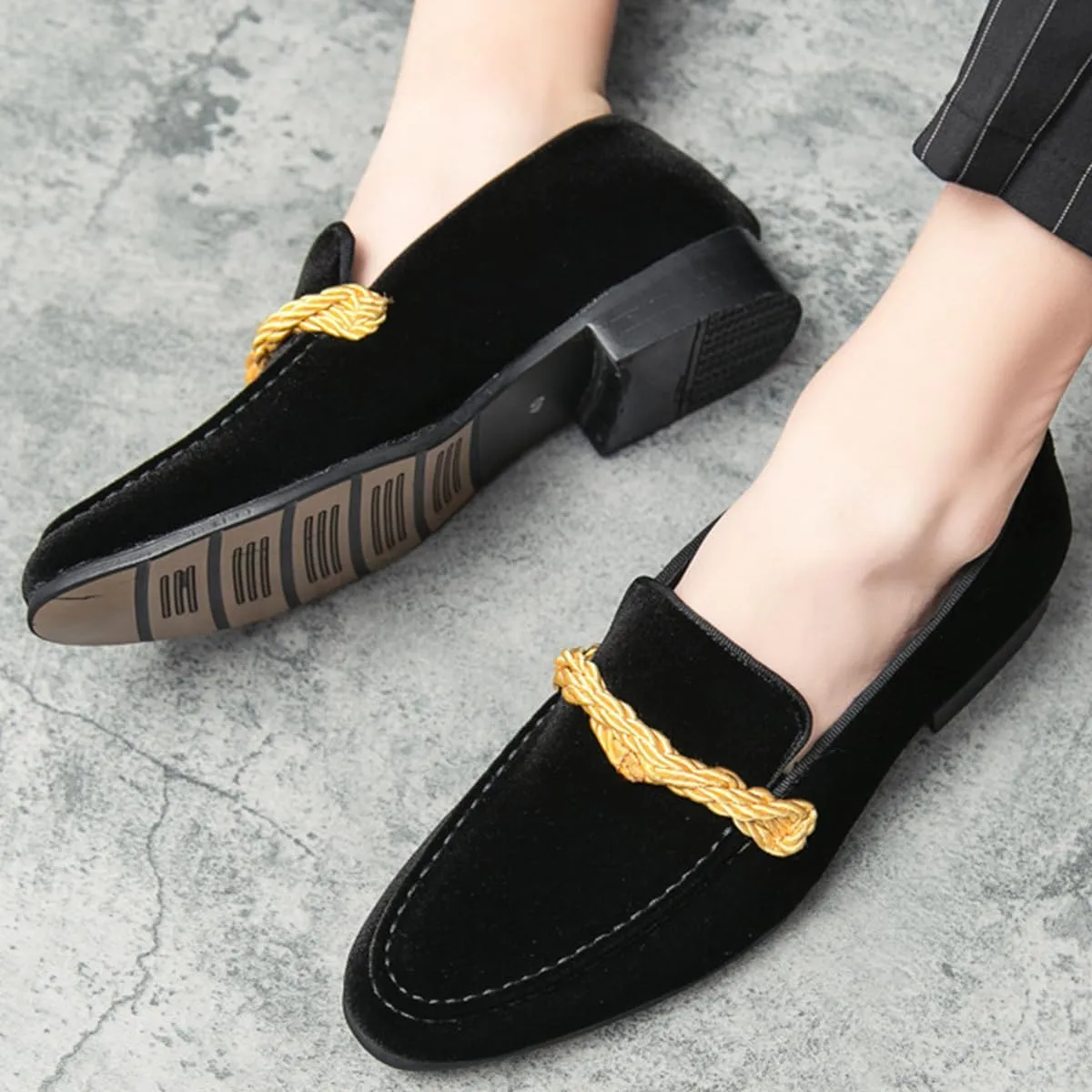 Men's Luxury Velvet Penny Loafers Brown Slip-On Suede Finish with Vamp Braided Ornament Dress Shoes Style