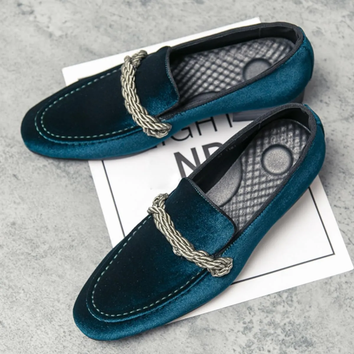 Men's Luxury Velvet Penny Loafers Brown Slip-On Suede Finish with Vamp Braided Ornament Dress Shoes Style