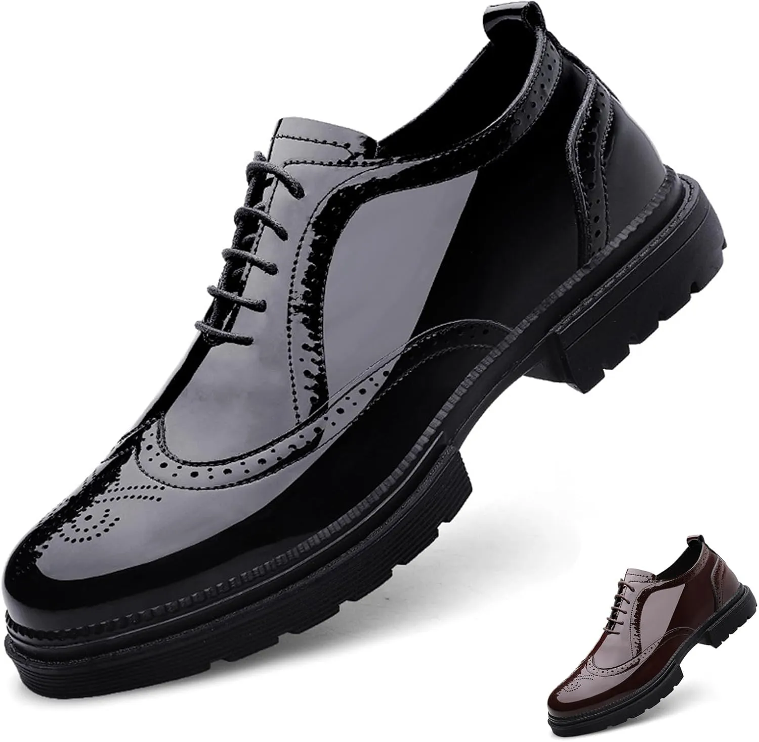 Men's Patent Leather Wing Tips Carved Lug Brogue Oxfords Shoes Fashion Classic Round-Toe Lace Up Low Top Genuine Leather Dress Shoes Hand Stitched Business Formal Derby Shoes