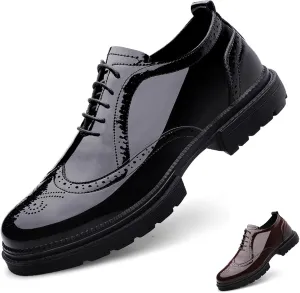 Men's Patent Leather Wing Tips Carved Lug Brogue Oxfords Shoes Fashion Classic Round-Toe Lace Up Low Top Genuine Leather Dress Shoes Hand Stitched Business Formal Derby Shoes