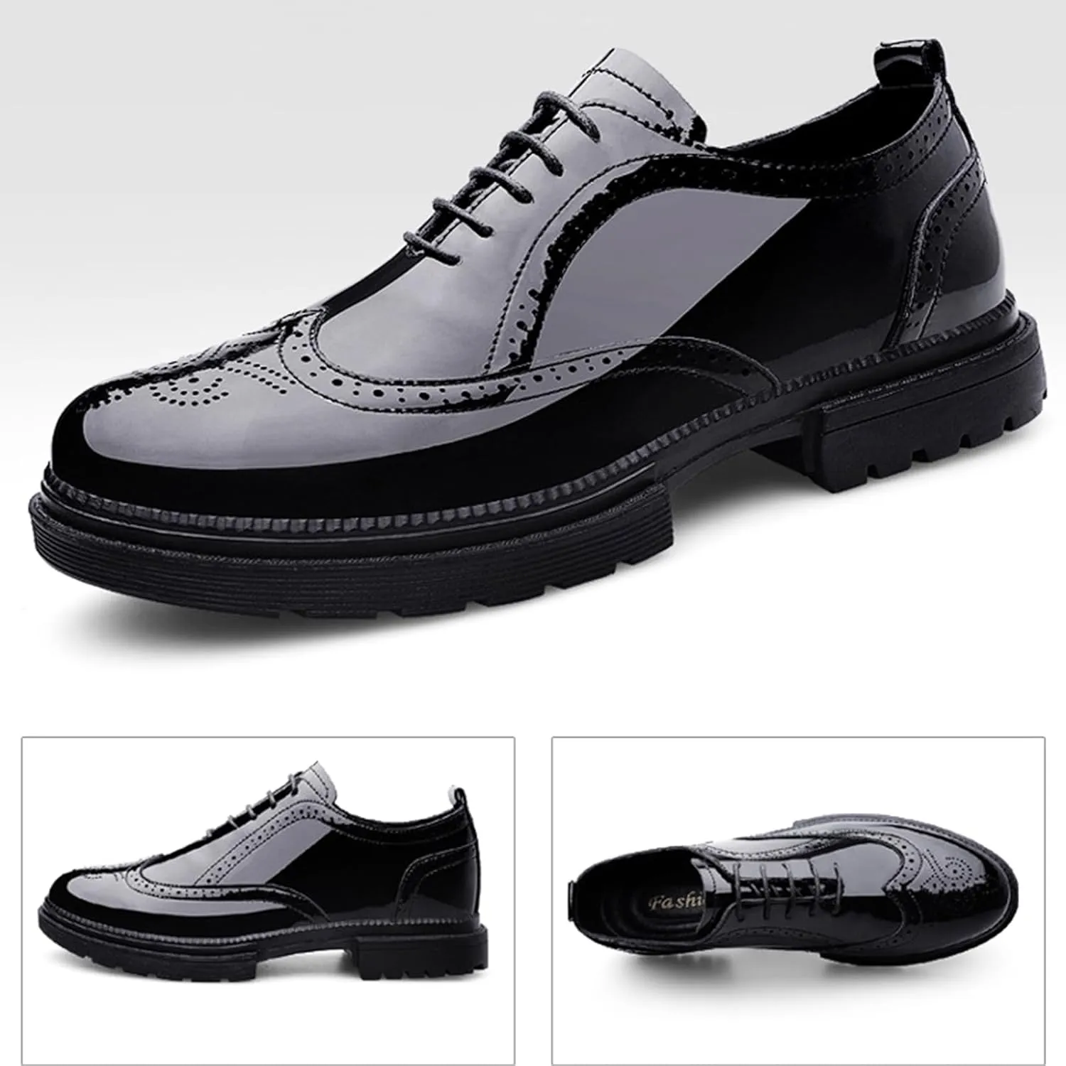 Men's Patent Leather Wing Tips Carved Lug Brogue Oxfords Shoes Fashion Classic Round-Toe Lace Up Low Top Genuine Leather Dress Shoes Hand Stitched Business Formal Derby Shoes