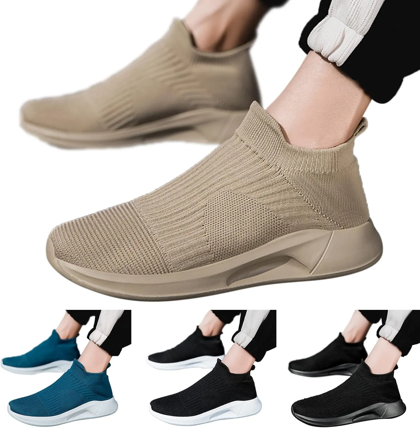 Men's Slip on Walking Shoes Comfy Knitted Memory Foam Breathable Mesh Fashion Sneakers Non Slip Arch Support Cushioning Athletic Running Shoes