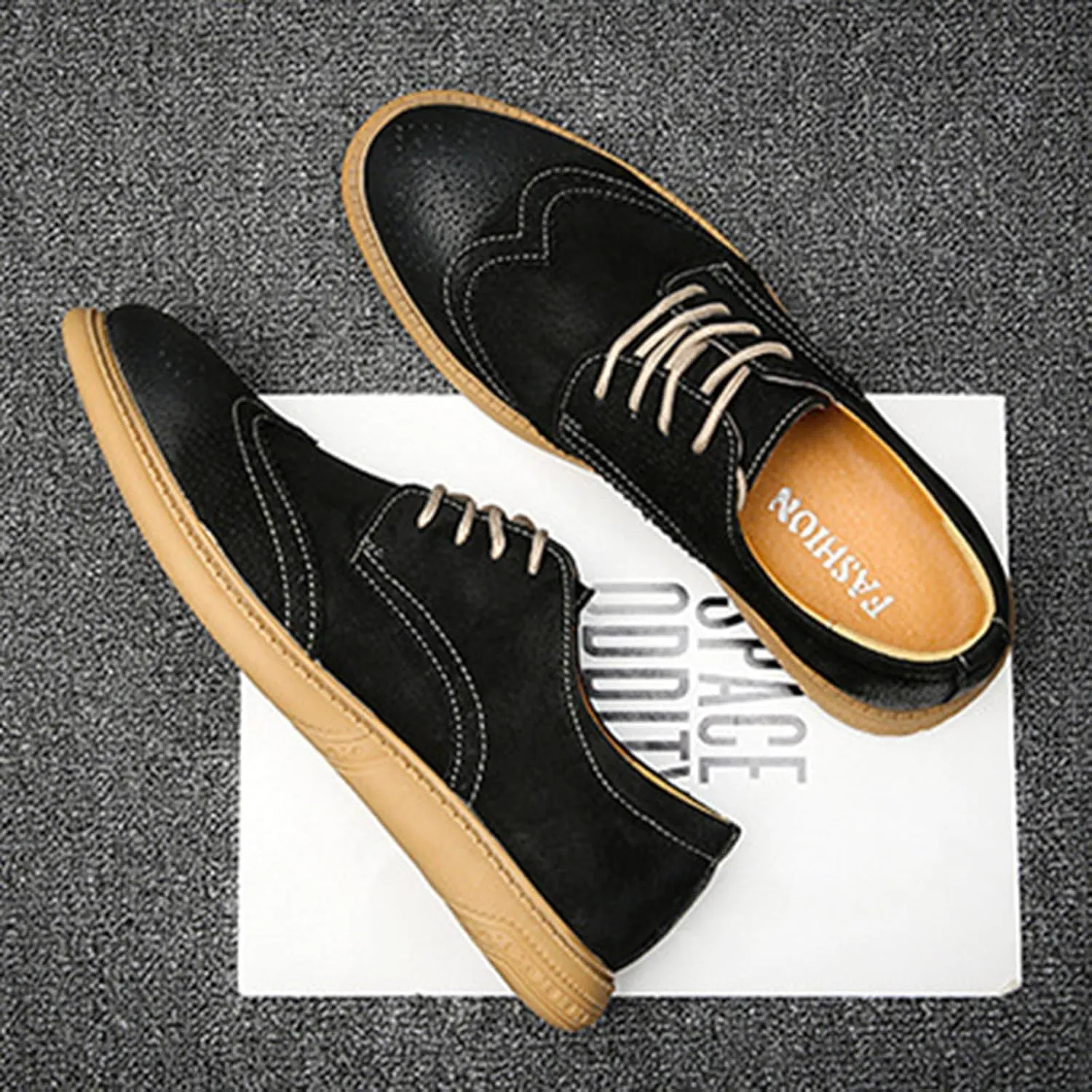 Men's Suede Leather Wingtip Brogue Oxfords Shoes Fashion Carving Round-Toe Lace Up Low Top Dress Shoes Casual Business Formal Derby Shoes