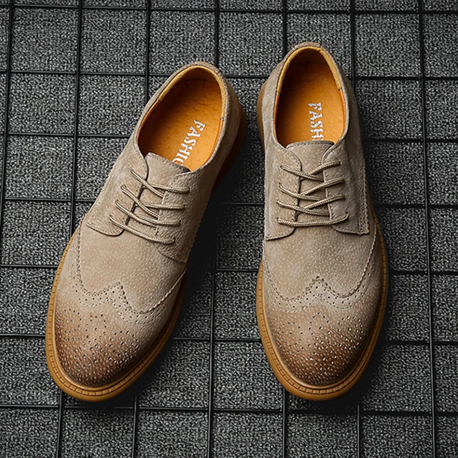 Men's Suede Leather Wingtip Brogue Oxfords Shoes Fashion Carving Round-Toe Lace Up Low Top Dress Shoes Casual Business Formal Derby Shoes