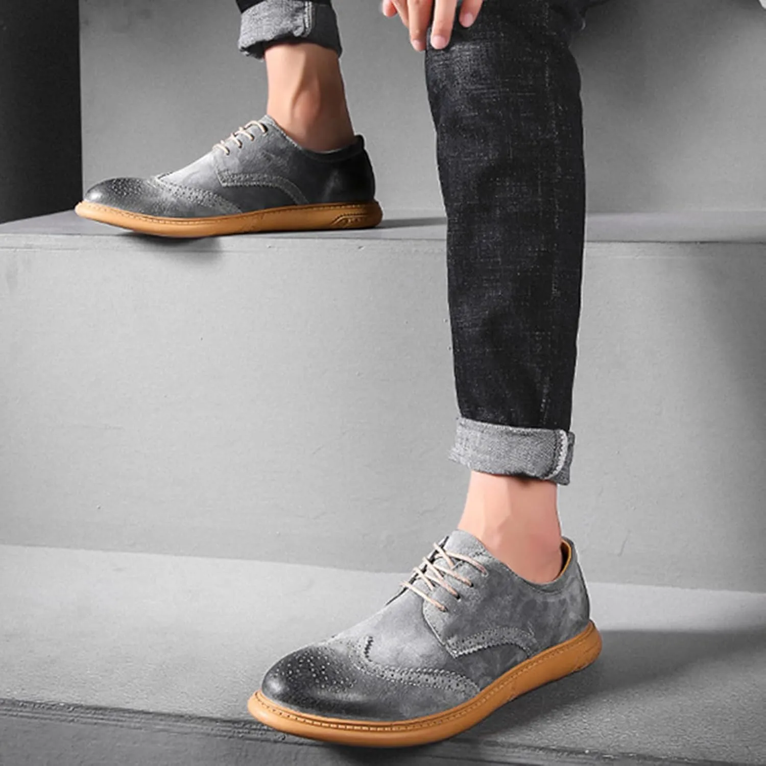 Men's Suede Leather Wingtip Brogue Oxfords Shoes Fashion Carving Round-Toe Lace Up Low Top Dress Shoes Casual Business Formal Derby Shoes