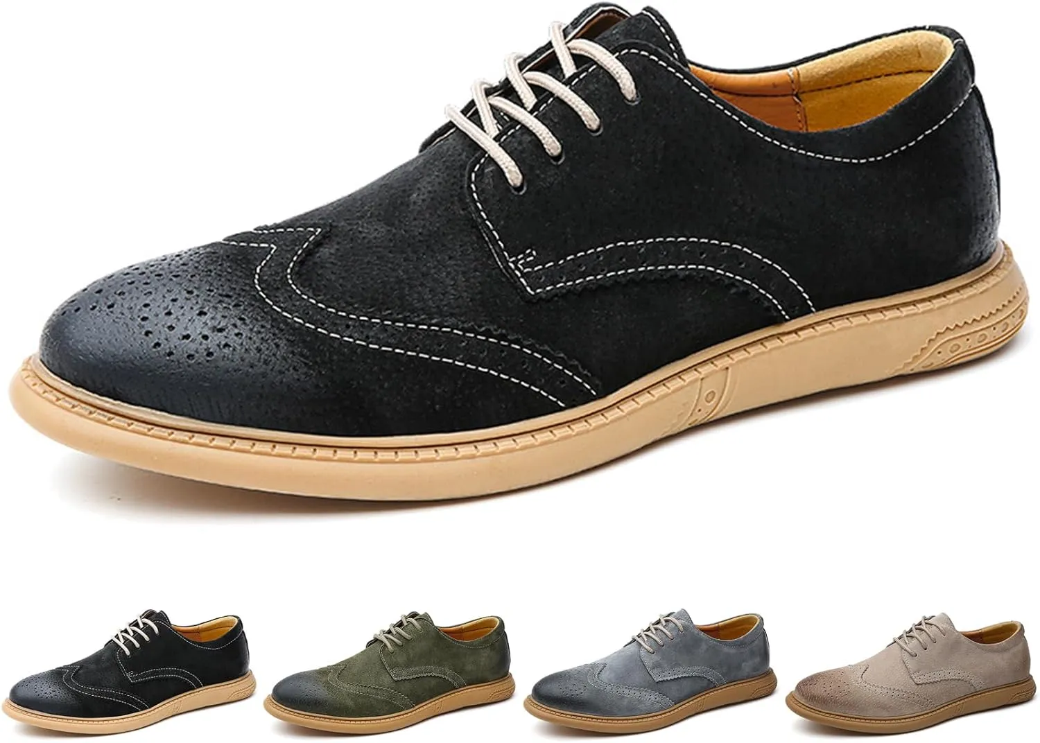 Men's Suede Leather Wingtip Brogue Oxfords Shoes Fashion Carving Round-Toe Lace Up Low Top Dress Shoes Casual Business Formal Derby Shoes