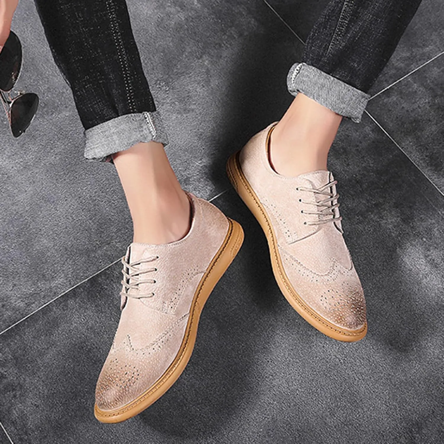 Men's Suede Leather Wingtip Brogue Oxfords Shoes Fashion Carving Round-Toe Lace Up Low Top Dress Shoes Casual Business Formal Derby Shoes