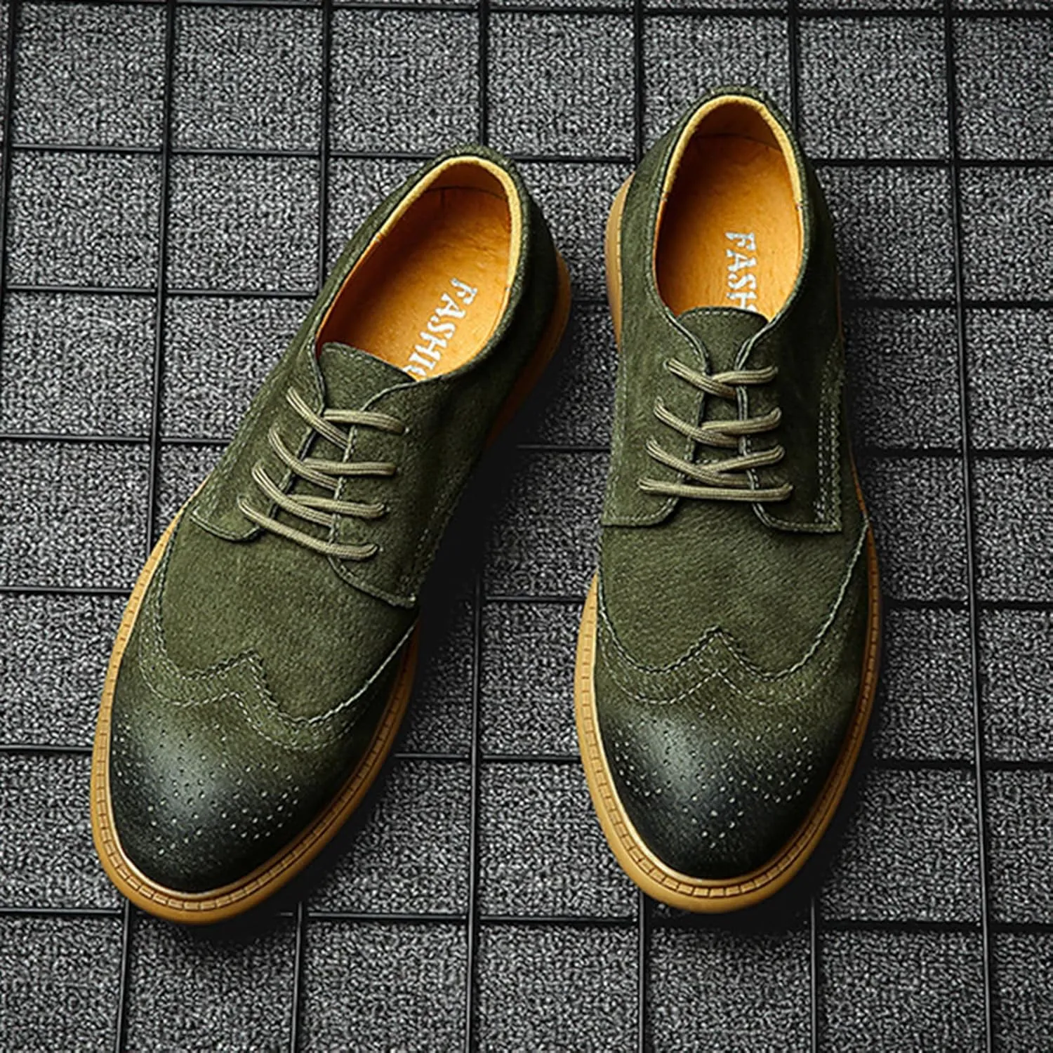 Men's Suede Leather Wingtip Brogue Oxfords Shoes Fashion Carving Round-Toe Lace Up Low Top Dress Shoes Casual Business Formal Derby Shoes