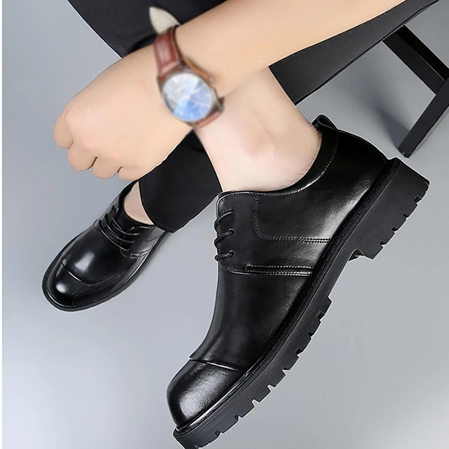 Men's Thick Sole Casual British Business Dress Shoes Comfortable Breathable Soft Leather Rubber Sole for Stability Ideal for Office and Occasions Perfect