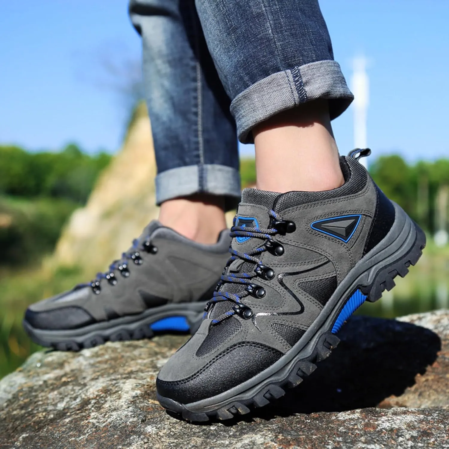 Men's Waterproof Hiking Shoes Comfortable Lightweight Non Slip Outdoor Ankle Boots Breathable Mesh Hike Trekking Climbing Shoes with Arch Support for Men Daily Walking Workout