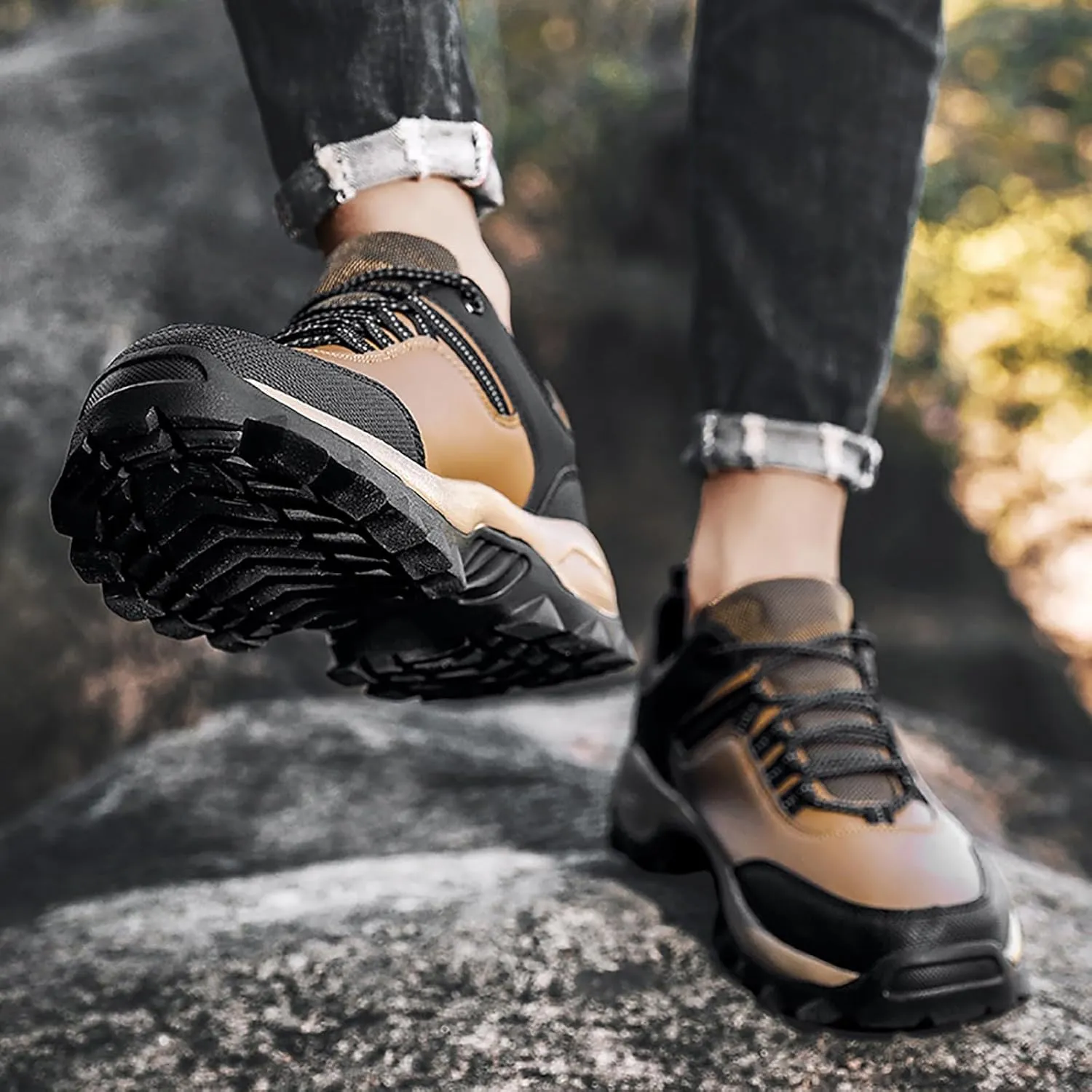 Men's Waterproof Hiking Shoes Lightweight Comfortable Non Slip Breathable Leather Walking Shoes for Outdoor Trekking Climbing Camping with Arch Support Men's Daily Work Shoe