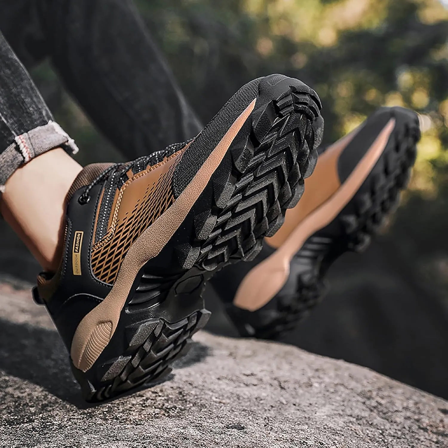 Men's Waterproof Hiking Shoes Lightweight Comfortable Non Slip Breathable Leather Walking Shoes for Outdoor Trekking Climbing Camping with Arch Support Men's Daily Work Shoe